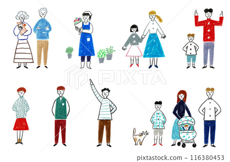 Hand-drawn illustrations of various people's lifestyles 116380453