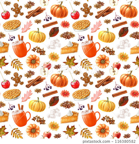 Autumn mood seamless pattern in warm colors. Hand drawn pumpkin, latte, tart, apple pie, fallen leaves and autumn flower elements on white background. Tasty Thanksgiving traditional treats isolated 116380582