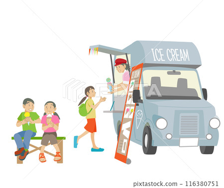 Illustration of kids shopping at an ice cream truck 116380751