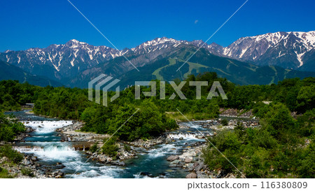 Snow-covered Northern Alps and Matsukawa River, Hakuba Village, Nagano Prefecture Snow-covered Northern Alps and Matsukawa River, Hakuba Village, Nagano Prefecture 116380809