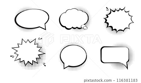 Collection of empty comic speech bubbles with halftone shadows. Hand drawn retro cartoon stickers. Pop art style. 116381183