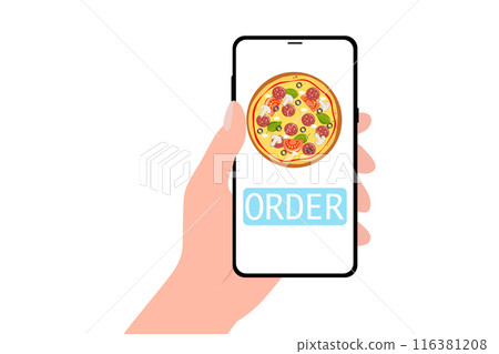 Ecommerce concept: order fast food online. Hand holding smartphone with pizza and button on screen. Vector flat cartoon illustration for advertisement, web sites, banners design. Delivery service. 116381208