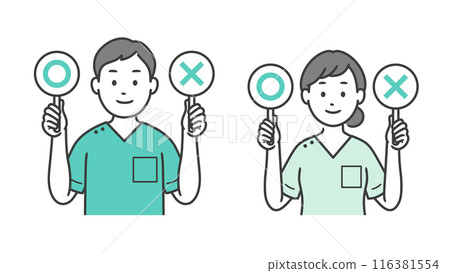 Upper body illustration of a male and female dentist raising ⚪ and × signs Upper body illustration of a male and female dentist raising ⚪ and × signs 116381554