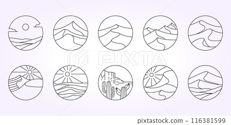 desert line art logo icon template vector illustration set bundle. Oasis Sahara design package 116381599