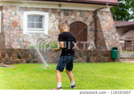 Young white boy running under the water from the sprinkler Young white boy running under the water from the sprinkler 116381607