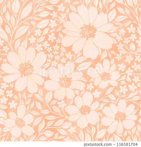 Floral Seamless Pattern ofPastel Peach Flowers and Leaves with Texture, Great for Textiles, Surfaces, Wallpapers, Wrapping Papers, Fabrics, Prints, Package Design, Fashion, Beauty Products 116381704