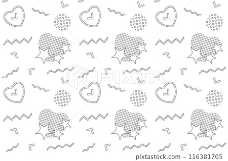 A Memphis style vector coloring page with retro hearts, stars, zigzags, and waves. Perfect for creative and relaxing activities. 116381705