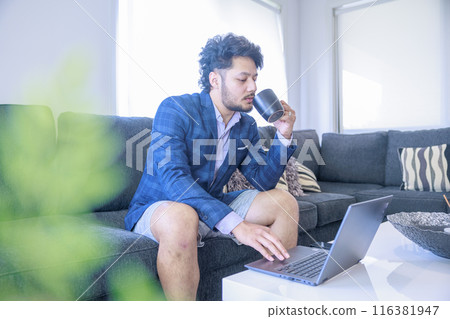 A man working on a computer on the sofa A man working on a computer on the sofa 116381947