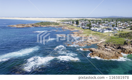 Drone shot of the beaches around Anna Bay, near Newcastle, Australia Drone shot of the beaches around Anna Bay, near Newcastle, Australia 116381978