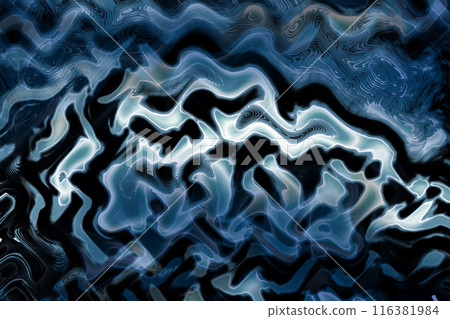 A metallic blue-silver brain-like undulating, squishy pattern image on a black background 116381984