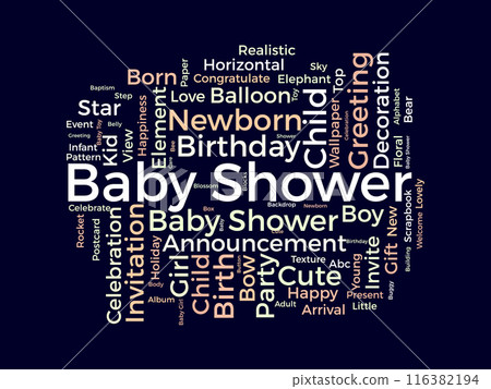 Baby Shower wordcloud template. Newborn baby greeting concept vector background. 116382194