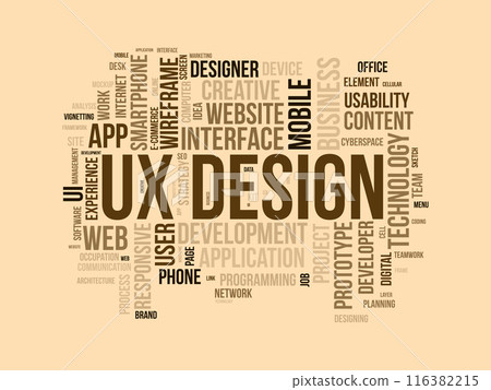 Ux Design wordcloud template. Web Business concept vector background. Ux Design wordcloud template. Web Business concept vector background. 116382215