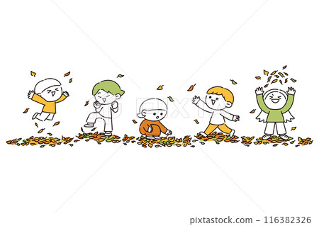 Illustration of kids playing with fallen leaves 116382326