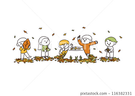 Illustration of kids playing with fallen leaves and acorns Illustration of kids playing with fallen leaves and acorns 116382331