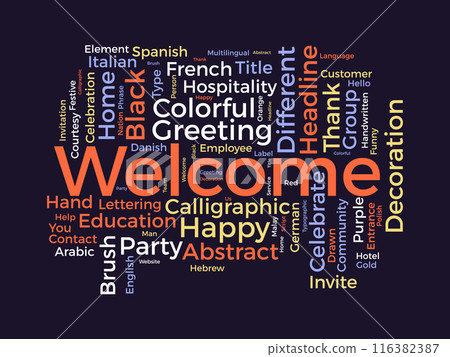 Welcome wordcloud template. Greeting concept vector background. 116382387