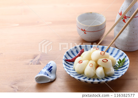 Pickled scallions in sweet vinegar made by my grandmother Pickled scallions in sweet vinegar made by my grandmother 116382577