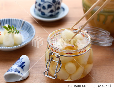 Pickled scallions in sweet vinegar made by my grandmother Pickled scallions in sweet vinegar made by my grandmother 116382621