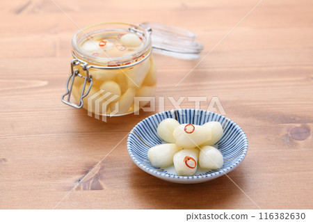 Pickled scallions in sweet vinegar made by my grandmother Pickled scallions in sweet vinegar made by my grandmother 116382630
