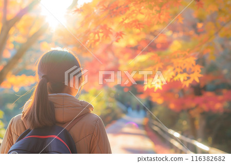 徒步穿越秋季森林的年輕女子 116382682