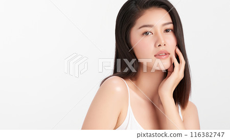 Beautiful young asian woman with clean fresh skin on white background, Face care, Facial treatment, Cosmetology, beauty and spa, Asian women portrait. Beautiful young asian woman with clean fresh skin on white background, Face care, Facial treatment, Cosmetology, beauty and spa, Asian women portrait. 116382747