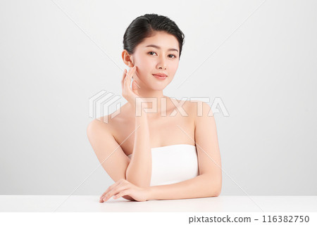 Beautiful young asian woman with clean fresh skin on white background, Face care, Facial treatment, Cosmetology, beauty and spa, Asian women portrait. 116382750