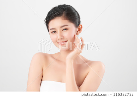 Beautiful young asian woman with clean fresh skin on white background, Face care, Facial treatment, Cosmetology, beauty and spa, Asian women portrait. 116382752