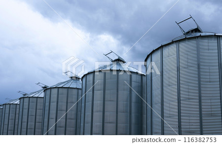 Minimal view to a row of gray metal granaries and sky. 116382753