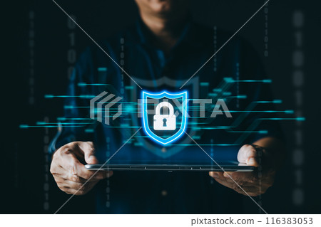 Businessmen protect personal data information from viruses on a tablet with virtual screen interfaces. Cyber security and privacy protection network security computer and safe data concept. 116383053