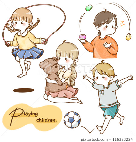 Set illustrations of children playing various games 116383224