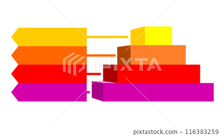 Infographic of purple with red with orange and yellow square box divided and cut into four and space for text, Pyramid shape made of four layers for presenting business ideas or disparity and statist 116383259