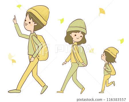 Illustration of a family walking among ginkgo trees 116383557