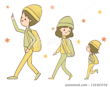 Illustration of a family walking through autumn leaves 116383558
