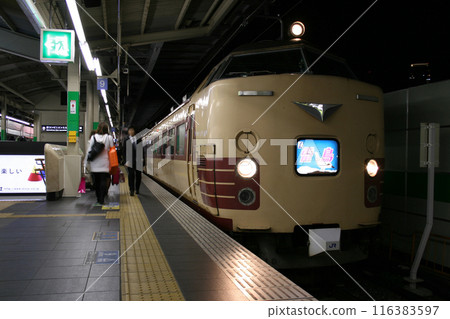 Limited Express Raicho (485 series train: Osaka to Kanazawa) stopped at Osaka Station at night Limited Express Raicho (485 series train: Osaka to Kanazawa) stopped at Osaka Station at night 116383597