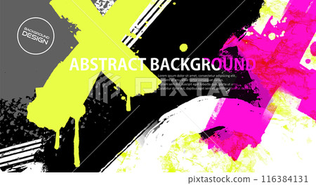 Abstract graffiti banner with colorful elements, paint splashes, scribbles and throw up pieces. Street art background vector illustration. 116384131