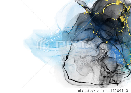 Luxury blue, black, gold background marble liquid ink art. Vector illustration. 116384140
