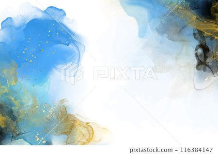 Luxury blue, black, gold background marble liquid ink art. Vector illustration. 116384147