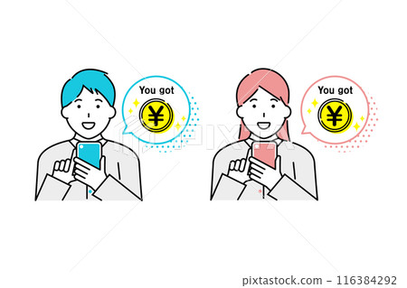 Illustration of a man and woman earning money with a smartphone Illustration of a man and woman earning money with a smartphone 116384292