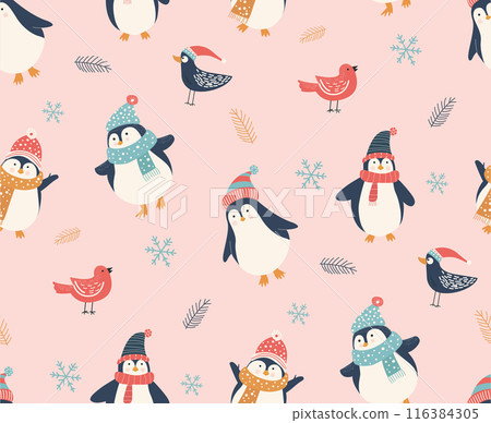 Christmas Seamless Pattern with cute Penguin and Bird decoration, pink background for banners, wallpapers, wrapping, textiles -hand drawn vector design 116384305
