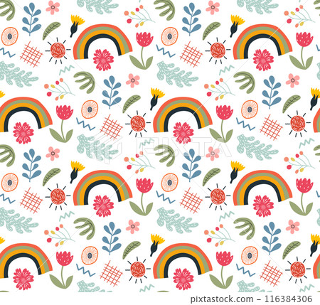 Doodle Cute kid scribble line flower, heart. rainbow seamless pattern. Hand drawn sketch childish element background. Children draw style design elements background. Vector illustration cute shape 116384306
