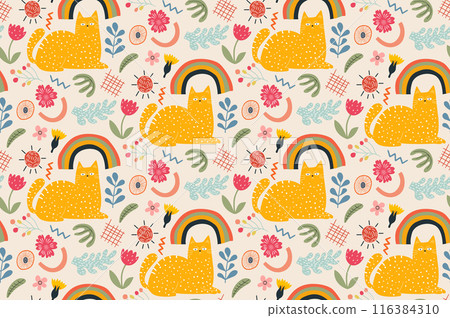 Vibrant Funky Doodle style Cat design with Rainbow and Flowers for kids Seamless Pattern. Decorative abstract horizontal banner with Hand Drawn colorful element shape. Childrens Cute animal kitten set Vibrant Funky Doodle style Cat design with Rainbow and Flowers for kids Seamless Pattern. Decorative abstract horizontal banner with Hand Drawn colorful element shape. Childrens Cute animal kitten set 116384310