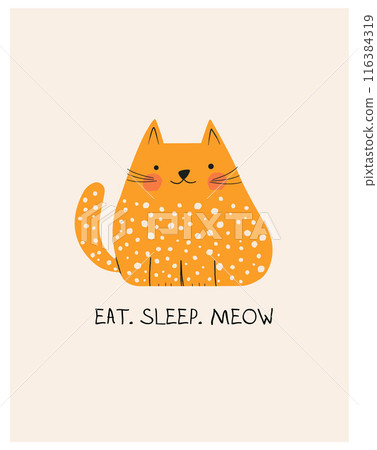 Hand Drawn card with cute Doodle cat, funny quotes for cat lovers. Art drawing vector illustration. Design for poster, t-shirt, fashion print. Lazy, animal kitten. Childrens cute greeting card 116384319