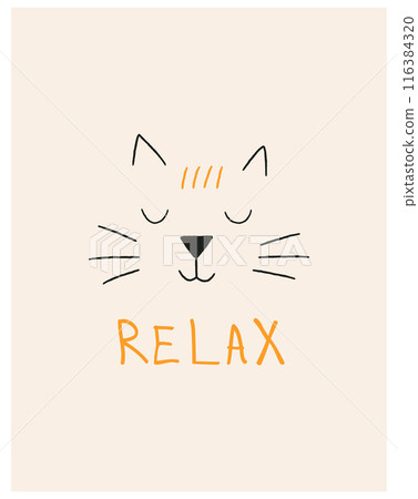 Hand drawn vector illustration of a cute funny sleeping cat curled up in a ball, with quote Relax. Doodle Isolated objects. Line drawing. Design concept for t-shirt prin Hand drawn vector illustration of a cute funny sleeping cat curled up in a ball, with quote Relax. Doodle Isolated objects. Line drawing. Design concept for t-shirt prin 116384320