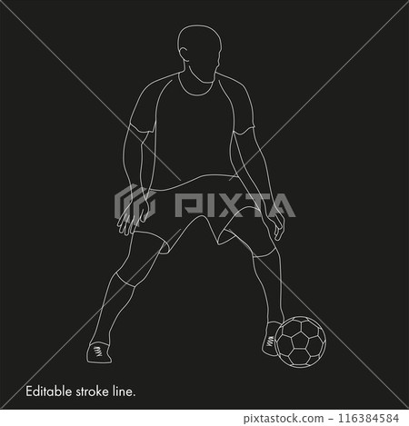 Soccer running player with ball. Vector stock one line hand drawing illustration isolated on black background for design template football championship, game. Editable stroke. EPS10 116384584