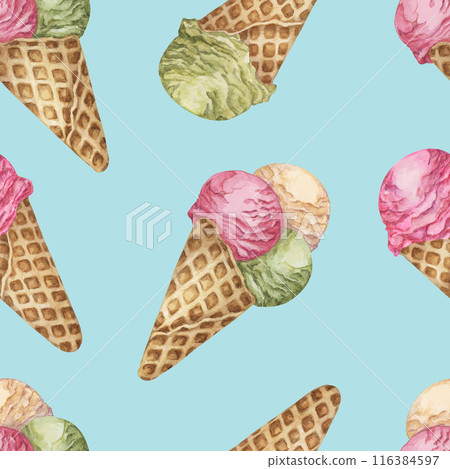 Ice cream scoops in the waffle cone seamless pattern. Vanilla, berry, pistachio or matcha flavors treat clipart Dessert watercolor print for textile, wallpaper, napkin, ice cream parlor design, covers 116384597