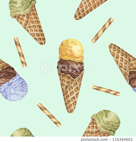 Retro style ice cream waffle cones seamless pattern. Pastel colors Watercolor clipart of yellow, chocolate, green and blue scoops. Design for printing, textile, scrapbooking, clothes, wrapping paper Retro style ice cream waffle cones seamless pattern. Pastel colors Watercolor clipart of yellow, chocolate, green and blue scoops. Design for printing, textile, scrapbooking, clothes, wrapping paper 116384601