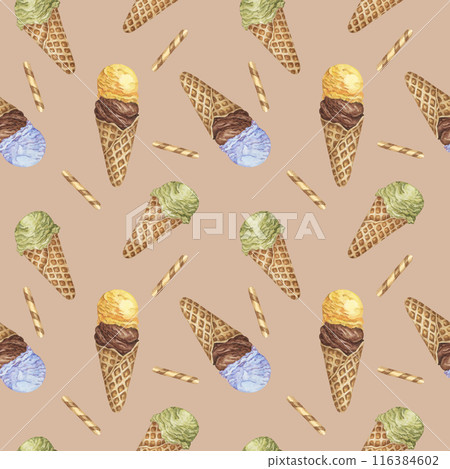 Colorful ice cream seamless pattern. Bubblegum, chocolate, banana, lemon, pistachio or matcha flavors in retro style. Watercolor clipart for printing, textile, apparel, wrapping paper, scrapbooking 116384602
