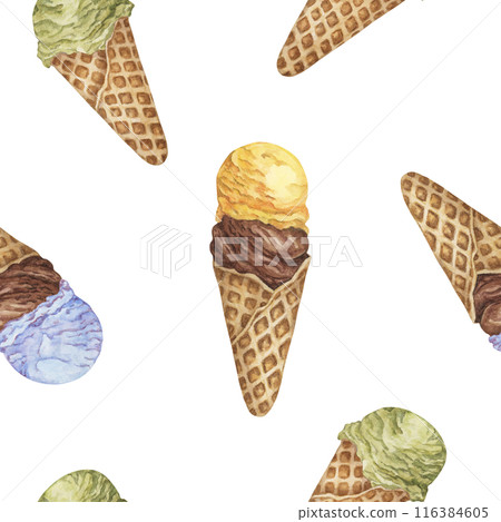 Colorful ice cream seamless pattern. Bubblegum, chocolate, banana, lemon, pistachio or matcha flavors in retro style. Watercolor clipart for printing, textile, apparel, wrapping paper, scrapbooking 116384605
