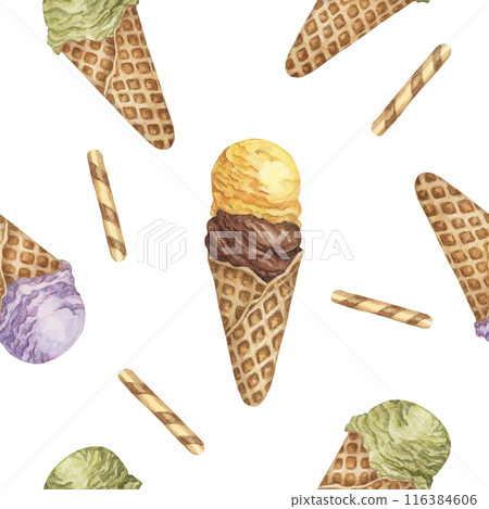 Retro 50ies style ice cream waffle cones seamless pattern. Pastel colors Watercolor clipart of yellow, chocolate, green and lavender scoops. Design for textile, scrapbooking, clothes, wrapping paper 116384606