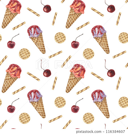 Ice cream cones, waffles and cherries watercolor seamless pattern. Whimsical hand painted clipart for textiles, wallpaper, packaging. Sweet dessert theme fabric for summer decor and scrapbooking 116384607