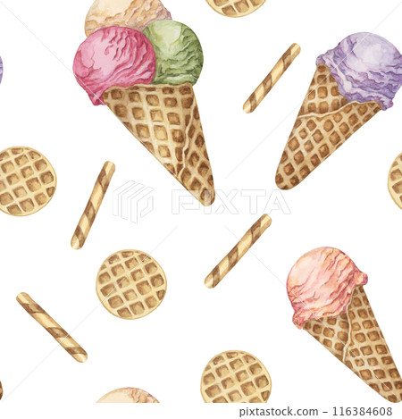 Ice cream in whimsical pastel colors seamless pattern. Retro 1950s watercolor confectionary clipart. Dessert backdrop design for textile, wrapping paper, scrapbooking, gelato or sorbet packaging 116384608